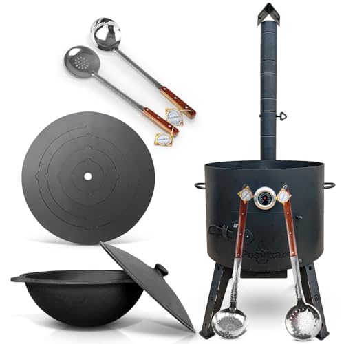 Utschak Uchag - Horno de fuego de 49 cm de diámetro, 2 mm, acero 4 mm, hierro fundido, Kazan 22 L, base redonda con termómetro espumadera para cucharón Plov Учак Учаг Uchag Asia казан (Set 536)