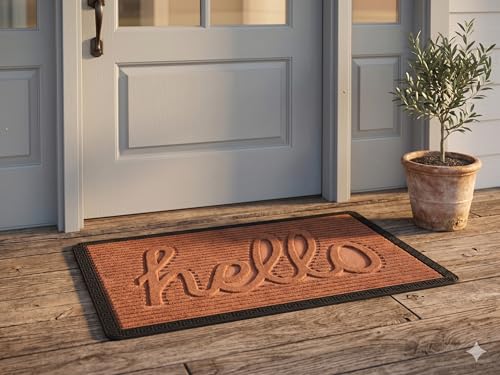 Image of Heavy Duty Front Door Mat 2x3 Feet, Outdoor Indoor Welcome Mat, Non Slip Dirt Trapper Entrance Rug for Entryway, Patio & Porch,Washable Low Profile Hello Mat (Coffee Hello 2 x 3 Feet)