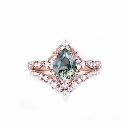 YDD 1.00 CT Natural Pear Shaped Moss Agate & Moissanite Engagement Ring Set for Women Unique 2pcs Green Agate Ring Set 925 Sterling Silver 10k/14k/18k Rose Gold Milgrain Bridal Sets Jewerly Gift