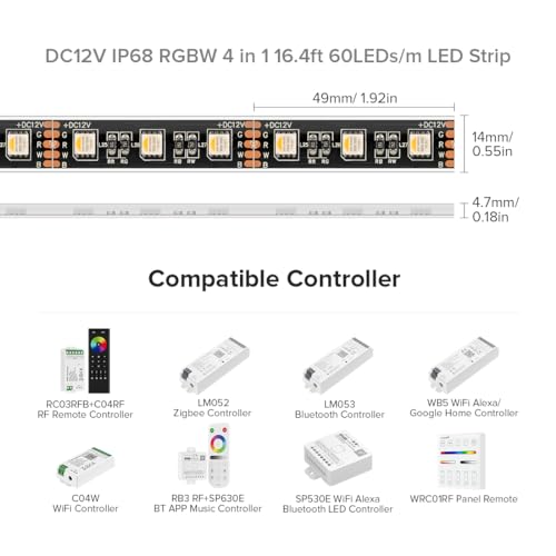 Image of BTF-LIGHTING RGBW LED Strip IP68 Waterproof Warm White DC12V 16.4FT 300LED