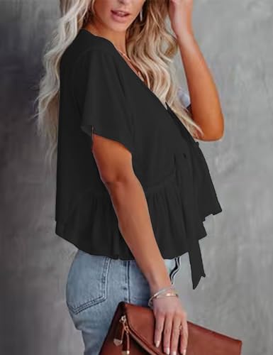 Fanway&EC Women's Short Sleeve V Neck Blouses Ruffle Hem Tie Front Crop Tops Lightweight Basic Summer Tops3