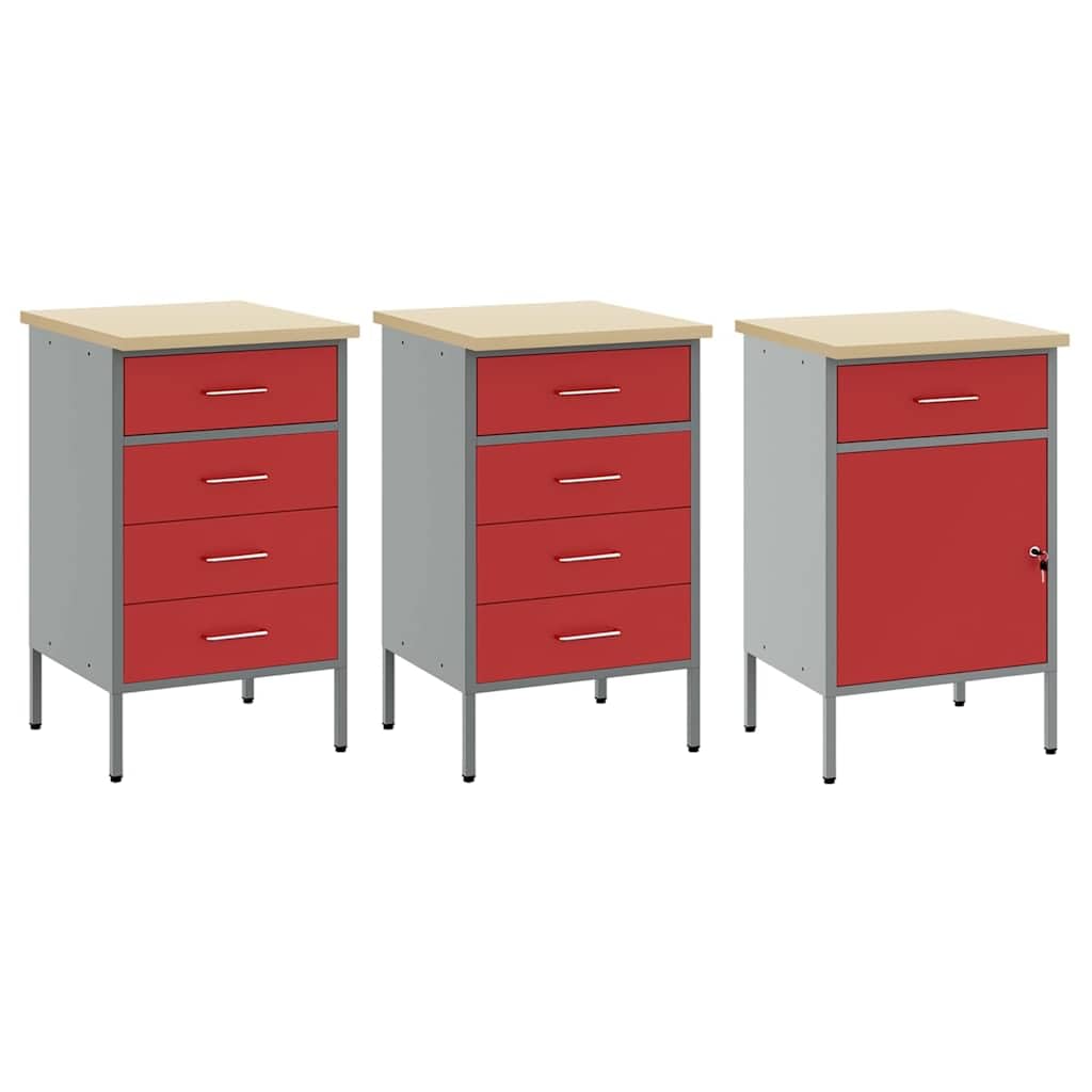 BANCO DA LAVORO CON CASSETTI 3 PEZZI ROSSO E GRIGIO 150x55x85 cm Armadio da officina in legno e acciaio resistente con ripiani e scomparti per attrezzi