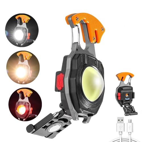 HELINYAN Keychain Portable COB Flashlight, Multifunction LED Pocket Light, Rechargeable Emergency Lighting, 7 Light Modes Magnet Base Multi-Tool Emergency Light for Camping Hiking Fishing Car Repair