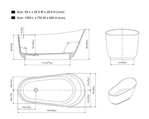 Vanity Art Freestanding Solid Surface Resin Soaking Tub #TOP15