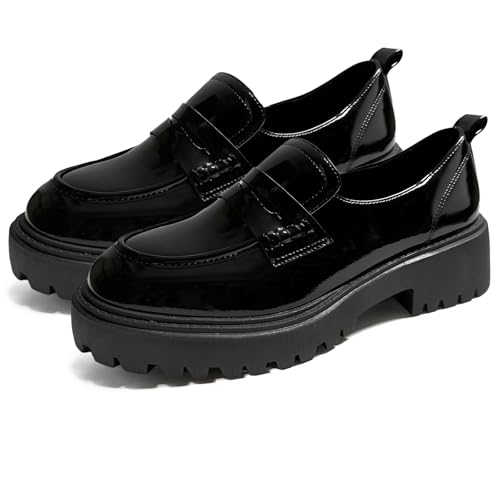 Image of Women's Platform Chunky Loafers, Slip On Penny Loafers for Women, Lug Sole Business Casual Shoes for Dressy and Work