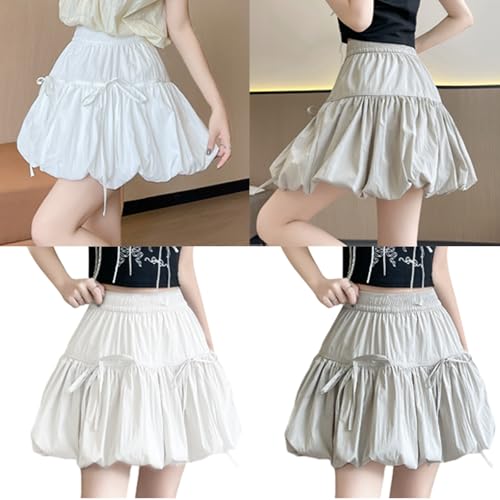 Womens Elastic Waist Sweet Bowknot Layered Ruffle Bubble Short Skirt Solid Color Flared A Line Balloon Skirt Streetwear2
