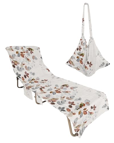 Botanical Eucalyptus Beach Chair Towel Covers for Chaise Lounge with Side Pocket, Soft Plush Pool Towels Cover for Patio Sunbathing Outdoor 29''x85'' Fall Winter Leaves Animal Bird