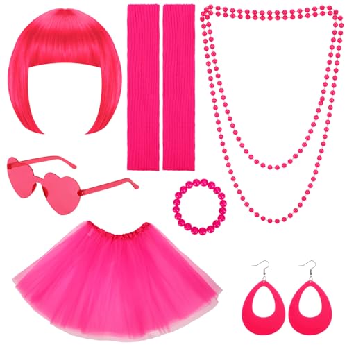 ZhouBoat 7Pcs Colorful Short Bob Wigs Set with Party Neon Wigs Tutu Skirt Glasses Leg Sleeves 80s Accessories for Bachelorette Party Costume (Hot pink)