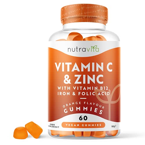 Vitamina C Caramelle Gommose - 60 compresse, vitamina c masticabile, multivitamine e minerali con zinco, vitamina B12, biotina, ferro, acido folico - integratore difese immunitarie - Vegan - Nutravita