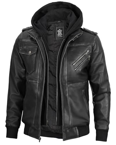 Image of Decrum Mens Leather Jacket - Detachable Hood Stylish Real Lambskin Leather Bomber Jacket Men