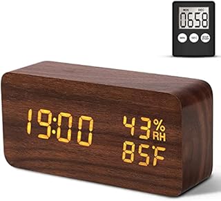 Eumspo LED Wecker Digital, Modern Holz Tischuhr, Digitaluhr Uhr mit 3 Helligkeitsstufen und 3 Gruppen von Weckermodi, Alarm Clock mit Datum Temperatur Luftfeuchtigkeit Stimmenkontrolle Ruhetag