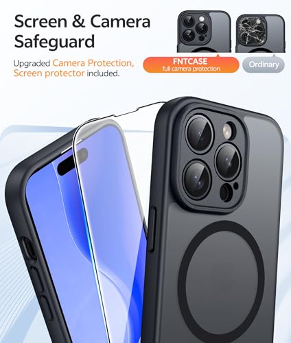 Image of FNTCASE for iPhone 14 Pro Max Case: Magnetic Translucent Matte Slim Cases [Tempered Glass Screen Protector] [Full Camera Protection] Military Grade Shockproof Protective Phone Cover - Black