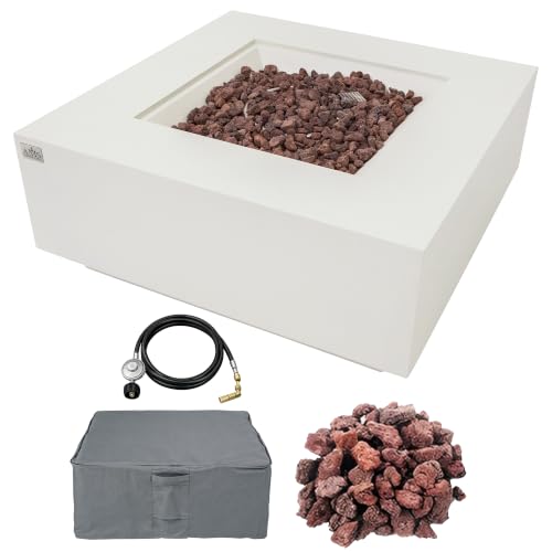 Image of AMS Creations | Brooklyn 40 inch Square Propane Gas Outdoor Fire Pit Table | Cream White Concrete GFRC Smooth Texture Surface Fire Pit Table