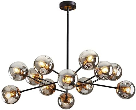DDLLDESHI 12 Lights Modern Chandelier with Globe Glass Shade Black Pendant Light Ceiling Lighting Fixture for Farmhouse Dining Room Kitchen Bedroom and Living Room