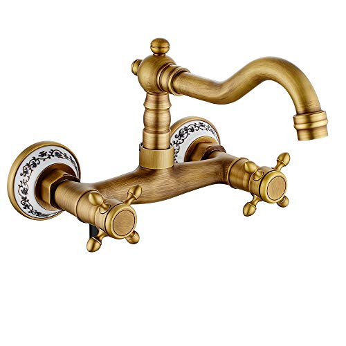 Antike Kupfer Wasserhahn,Traditionelle Küchenspülen Wasserhähne Drehbarer Mund Kreuzgriff Wandmischer,180 ° schwenkbarer Auslauf Cover