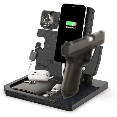 BARVA Adaptive Wood Gun Rack Phone Docking Charging Station Gifts for Men Dad Birthday Ideas Nightstand Organizer Charging Dock Watch Charging Stand Wallet Key Gadget Device Bedroom Bedside Holder Cover