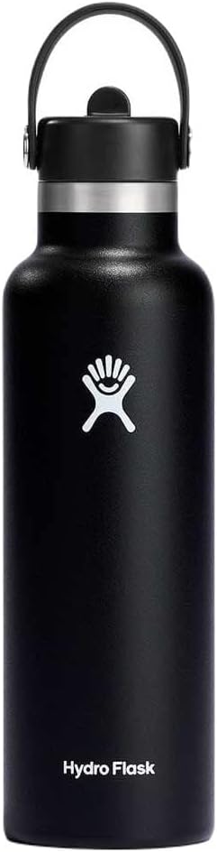 HYDRO FLASK - Water Bottle 621 ml (21 oz) with Flex Straw Cap - Vacuum Insulated Stainless Steel Reusable Water Bottle - Leakproof Lid - Hot and Cold Drinks - Standard Mouth - BPA-Free - Black