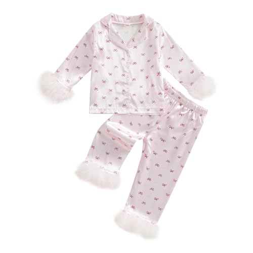 DuAnyozu Toddler Girl Valentines Outfit Satin Pajamas Feather Trim Sleeve Top Pants Kids Little Girls 2Pcs Pjs Sleepwear