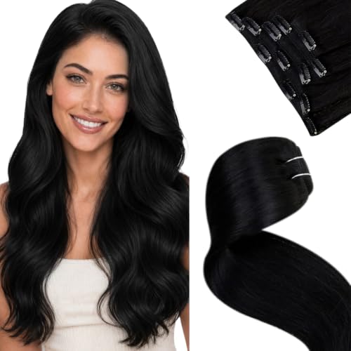 Image of LaaVoo Clip In Hair Extensions Real Human Hair, 5pcs 80g, Double Weft | Clip On Extensions Human Hair, Adds Subtle Length, Blends Neatly With Deep Jet Black 12inch Natural Hair