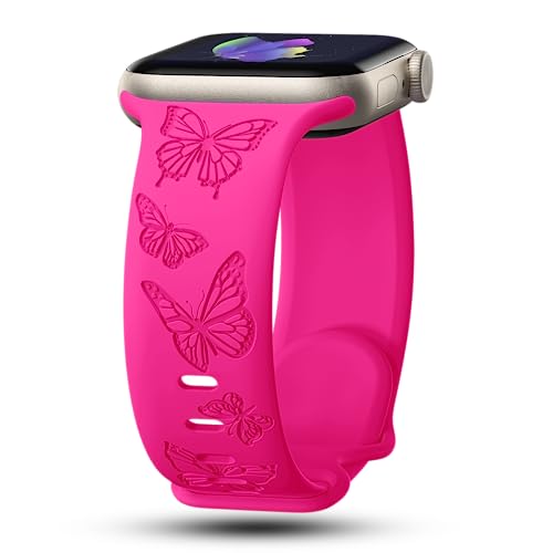 Image of Butterfly Engraved Bands Compatible with Apple Watch Band 41mm 40mm 38mm 49mm 46mm 49mm 46mm 45mm 44mm 42mm Women, Silicone Sport Strap for iWatch Series SE 10 9 8 7 6 5 4 3 2 1 SE Ultra