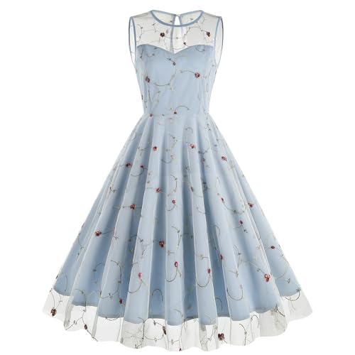 Robe florale brodée en tulle bleu ciel pour mariages et garden-partys