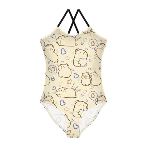 Girls One Piece Swimsuits Cute Capybara with Navy Hearts Cute Swimwear Bathing Suits 3-10T