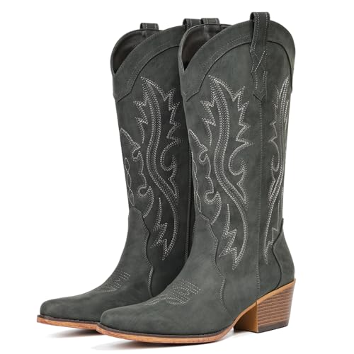 IUV Cowboy Boots For Women Western Cowgirl Boots with Chunky Heel Mid Calf Snip Toe Ideal for low insteps