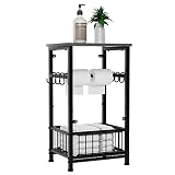 PAKROMAN Mesa de baño, papel higiénico doble, organizador de almacenamiento de cocina, mesita de noche, cesta de revistas, diseño de desplazamiento, con 8 ganchos, gris esmerilado