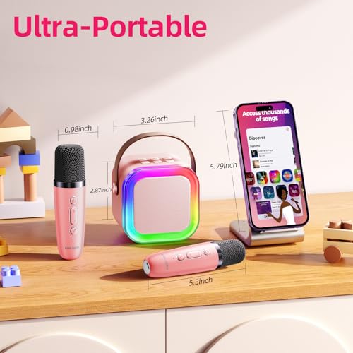 Kinglucky Mini Karaoke Machine for Kids Gifts Adults (Cute Little & Portable) Bluetooth Speaker with Wireless Microphone (Sound Loud) Birthday Gifts for Girls 3-12 Years Old Toddler Toys - Pink