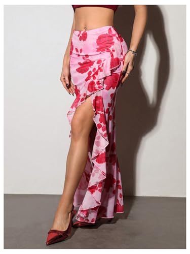 Verdusa Women's Floral Ruffle Maxi Skirt Thigh Slit Bodycon Vacation Summer Skirts3