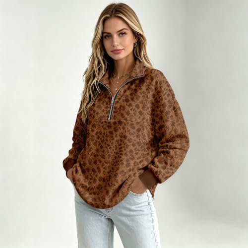 3/4 Zip Pullover Womens Leopard Print Mockneck Fleece Oversized Sweatshirt - image 5