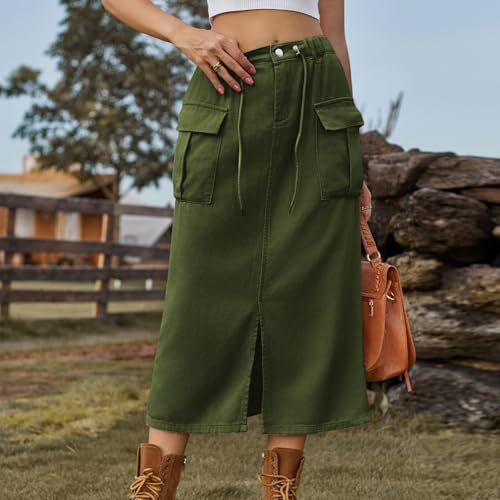 Women's Long Denim Cargo Skirt Elastic Waist Drawstring Front Slit Casual Loose Jean Skirts with Pockets2