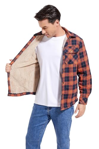 Image of Men's Sherpa Cotton Flannel Shirt Jacket Plaid Button Coat Pocket