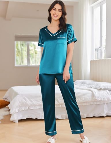 Ekouaer Satin Pajamas for Women Short Sleeve Silk Pajama Sets Soft Sleepwear Top with Causal Long Pj Pant2