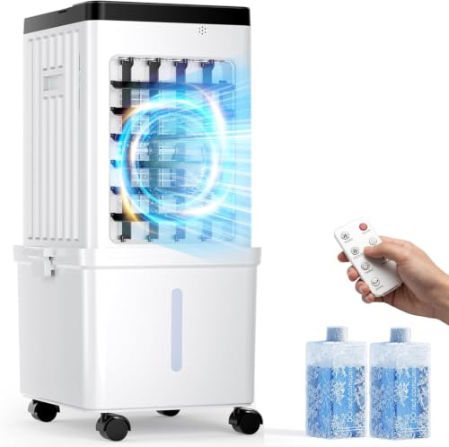 Evaporative Air Cooler 15L Evaporative Cooling Fan with Remote & 2 Ice Packs 3-in-1 Hoseless Room Cooler with 3 Speeds 7.5H Timer & 120 Oscillation Portable Room Cooler For Office Bedroom