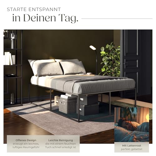tectake® Bett 140x200 cm, Metall Bett mit Lattenrost, Bettrahmen mit Stauraum, großes Bettgestell ohne Kopfteil, als Ehebett, Einzelbett, Jugendbett, Gästebett, für Schlafzimmer - 140 x 200 x 46,5 cm – Bild 5