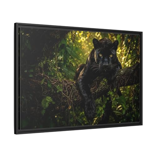 Tableau panther black framed canvas print horizontal 90x60 cm pour salon