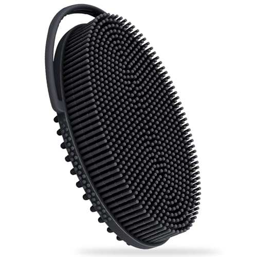 FREATECH Cepillo Corporal Silicona de 2 Caras con Mango Anular, Cepillo de Baño y Ducha Para Exfoliar y Masajear el Cuerpo, Fácil de Sujetar y Colgar, Higiénico y Duradero, Negro