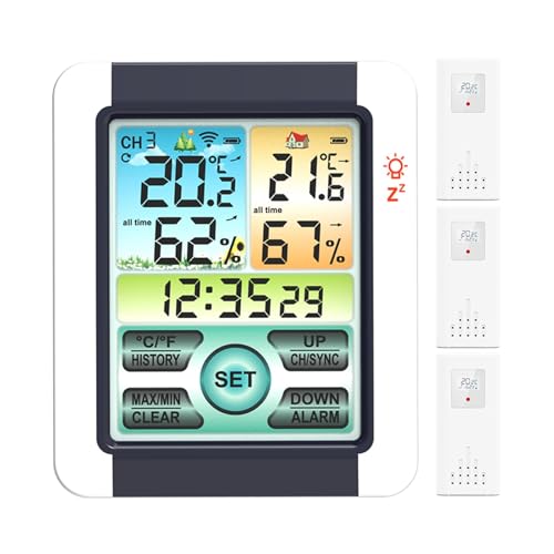 屋内屋外温湿度計タッチカラースクリーンウェザーステーションワイヤレス温度計湿度計温度湿度モニター 高精度リアルタイム計測機能(B 1-3)