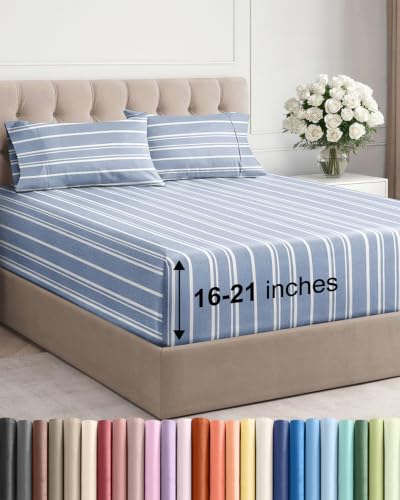 Image of Extra Deep Pocket Full Size Sheet Set - Breathable & Cooling - Blue Stripes