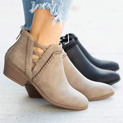 Gibobby Ankle Booties For Women Low Heel,Women's Ankle Booties Retro V Cutout Short Warm Boots Closed Toe Low Heel Combat Style Western Shoes Khaki #TOP2