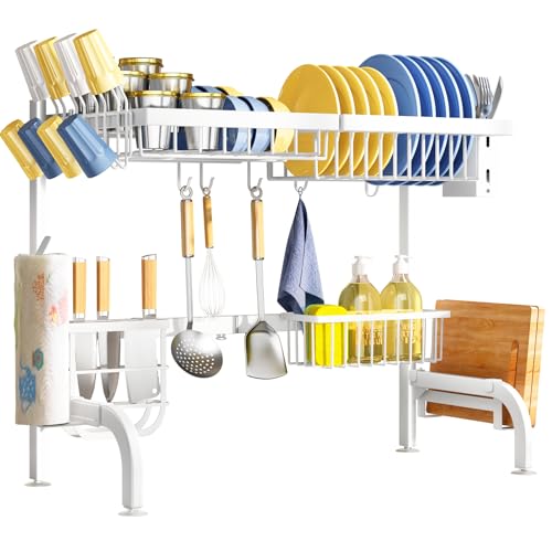 Image of Over The Sink Dish Drying Rack, Adjustable (25.5 to 33.5 Inch) 2 Tier for Kitchen Counter With Paper Towel and Cup Holder, Utensil and Chopping Board Holder, Sink Caddy Hooks, White