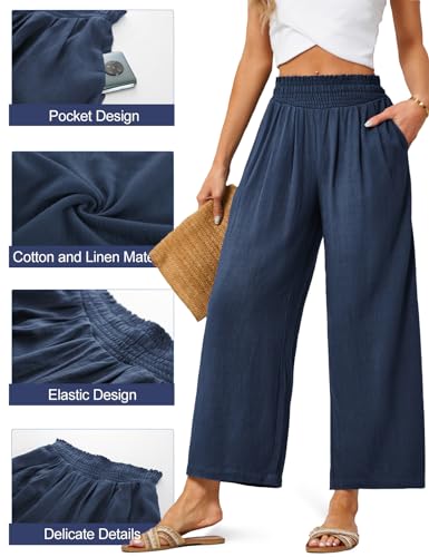 JASAMBAC Women's Capri Linen Wide Leg Pants Summer Boho Wide Leg Pants Smocked High-Rise Waist Casual Beach Pants with Pocket2