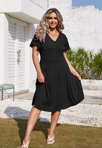 Image of Women's Plus Size Summer Dresses V Neck Ruffle Short Sleeve Casual Wrap A Line Midi Dress with Pockets