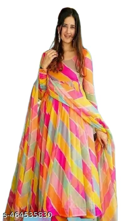 Women's Elegant Anarkali Gown ? Floor-Length Ethnic Dress with Dupatta, Foil Print, and Round Neckline Multicolour-image-42