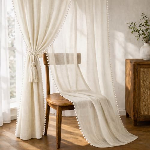 Image of THE LINEN COMPANY Window Curtains Sheer Cotton Curtains with Pom Pom Lace Rod Pocket Light Filtering Transparent Net Curtains for Window Curtains Door Curtains Living Room Natural 4 Ft Pack of 2