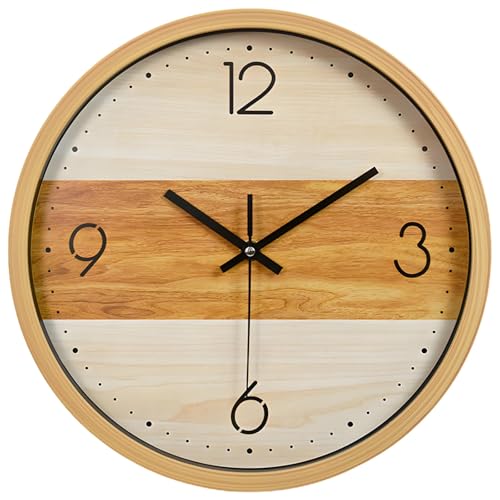 Chewtoyo Reloj de pared de plástico de 12 pulgadas con textura de bambú, movimiento de cuarzo silencioso para dormitorio, sala de estar u oficina, manecillas y números coloridos, 11.8 pulgadas de