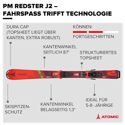 Atomic PM REDSTER J2 110 Ski - Kinderski in Rot - Ski für Kinder 5-8 Jahre - Kinder-Skier in Größe 110 cm - Skier für Kinder inkl. Bindung mit Voreinstellung - rote Ski mit C 5 GW Bindung