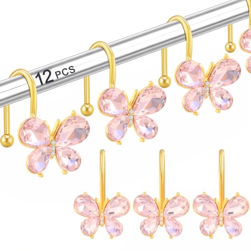 LUMITI Shower Curtain Hooks 12Pcs Rust Resistant Glitter Crystal Butterfly Metal Decorative Shower Rings Hangers for Bathroom Curtains Clothing Towels (Pink)