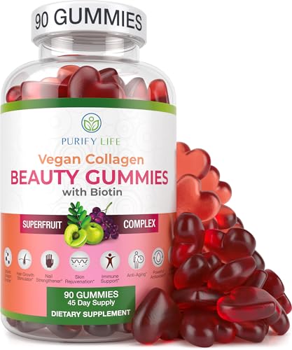 Vegan Collagen Gummies with Biotin Vitamins for Hair Skin and Nails Health, Anti-Aging (90 Chews) Collagen Support Superfruit Complex with Resveratrol, Vitamin A, E, C - Replace Capsules, Pills -  Purify Life, VeganCollagenBeautySuperfruitsGummies